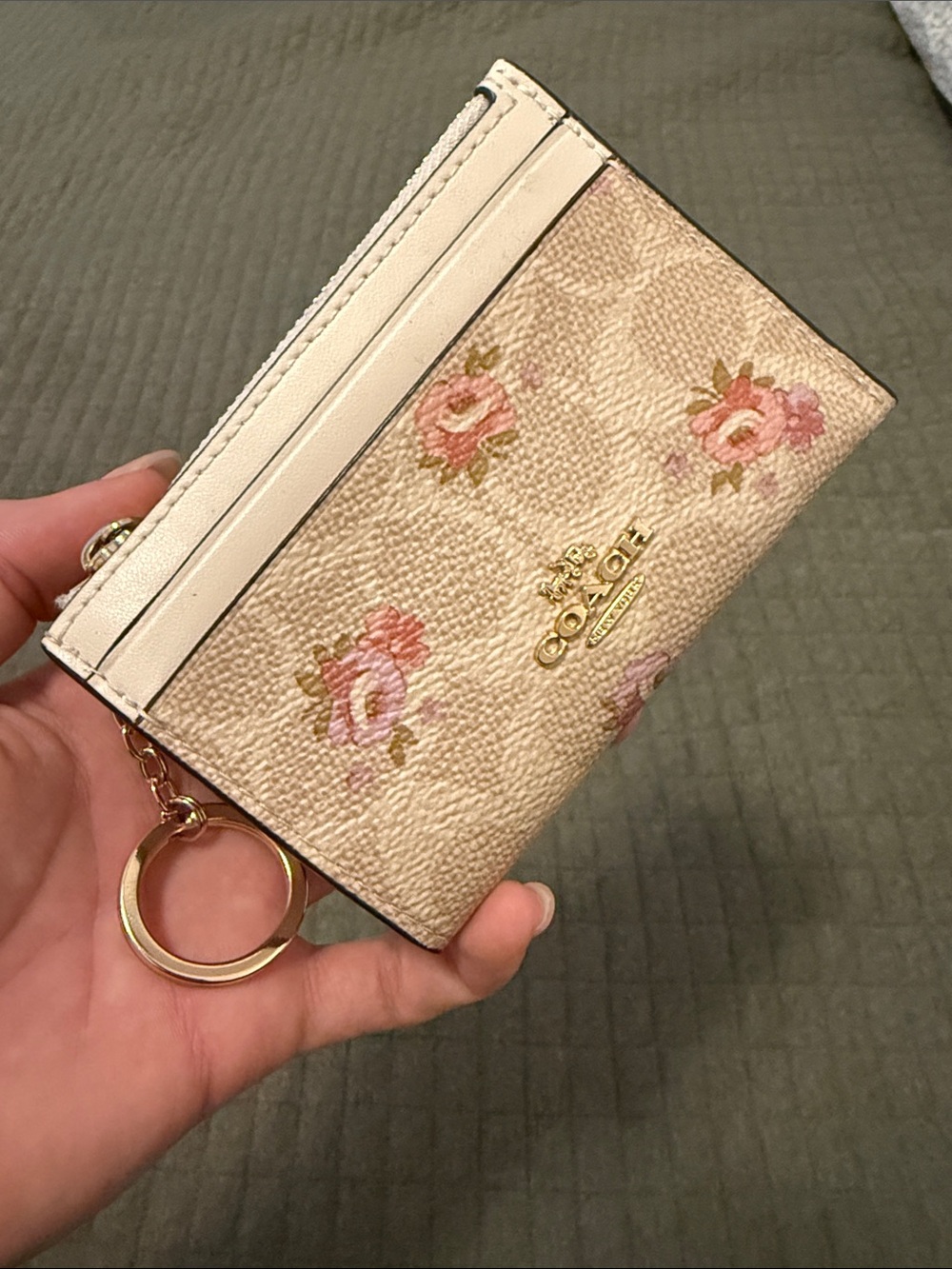 Coach Beige Floral Signature Card Case Keyring